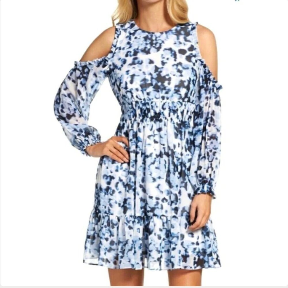 Eliza J Blue Watercolor Animal Print Long Sleeve Cold Shoulder Dress Women's